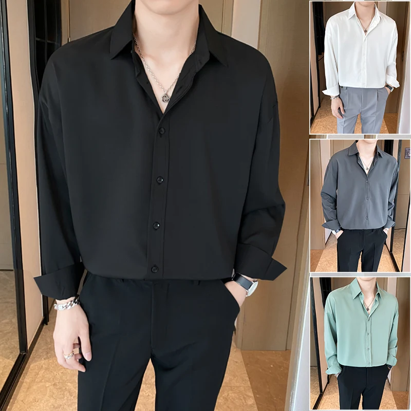 

Light Mature Sle Men's Long Sve Summer Thin Ice Silk Casual irt Drapey Loose Fit Faionable Korean Version
