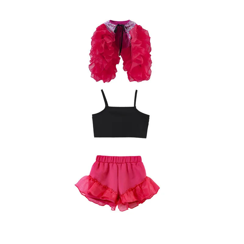 Concert Stage Performance Wear Girls Jazz Dance Costume Red Puff sleeves Sequin Tops Shorts Suit Kids Hip Hop Dance Clothes