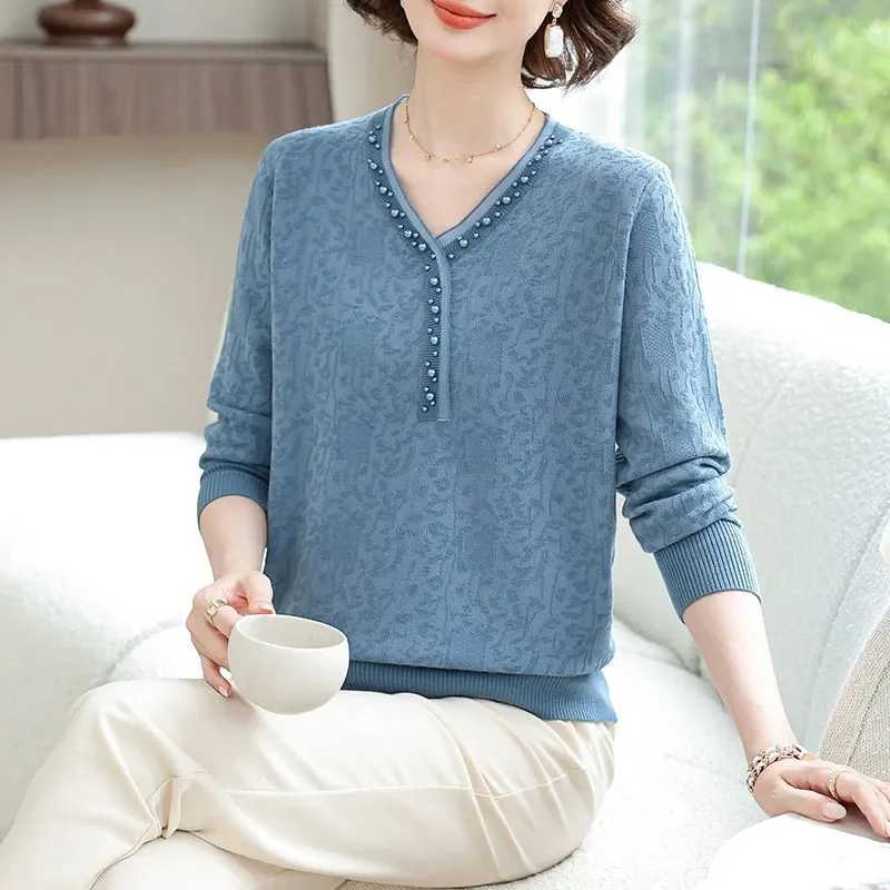 Women V Neck Beaded Jacquard Knit Sweater Long Sleeve Loose Casual Mom Tops