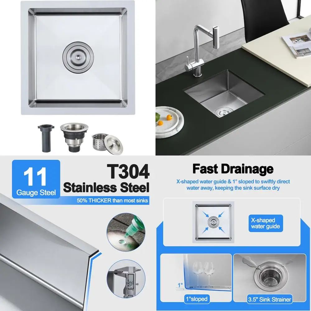 

Stainless Steel 15 Inch Undermount Kitchen Sink, Single Bowl, Handmade, Tight Radius, 18 Gauge, 15x15 Inch