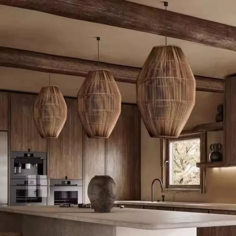 Vintage Wabi Sabi Oval Rattan Weaving Ceiling Pennant Lights Tea House Restaurant Living Room Bedroom Japanese LED Hanging Lamps