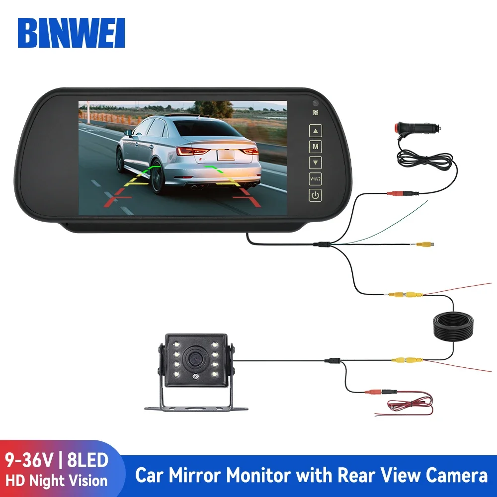 BINWEI 7 Inch Car Mirror Monitor with Rear View Camera for Vehicle Parking 12-24V LED Night Vision HD Reversing Camera Screen