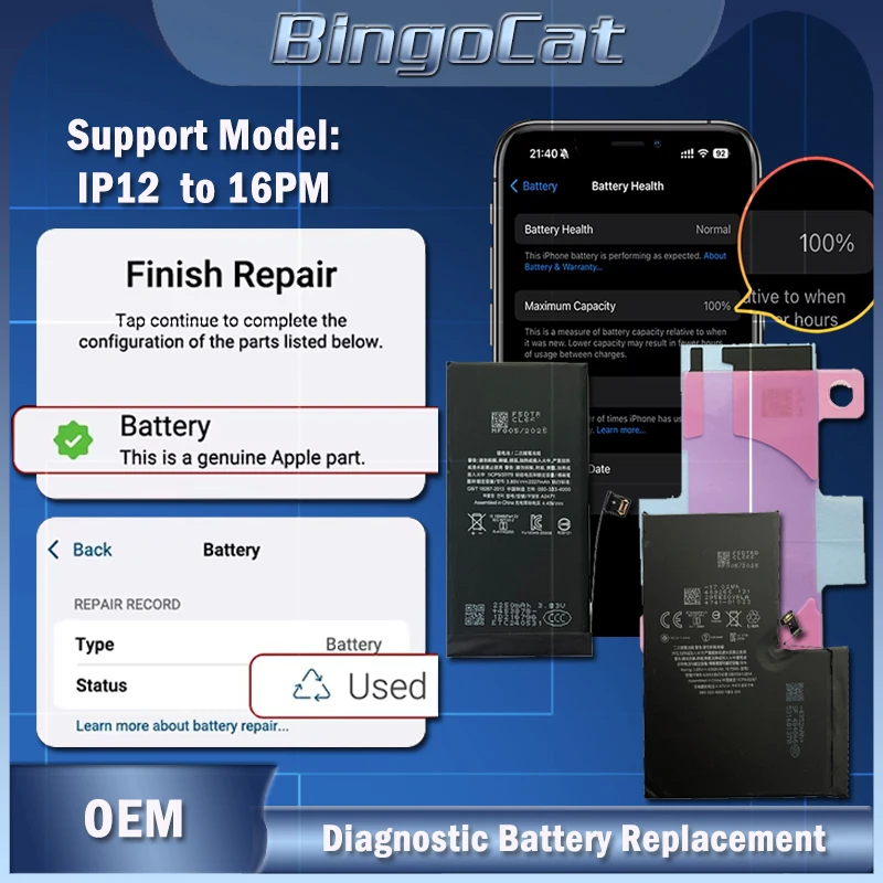 

High Capacity Diagnostic Battery for iPhone 12/13/14/15 pro Max Mini 0 Cycle 100% Health No Pop up Message Work for IOS 18&26