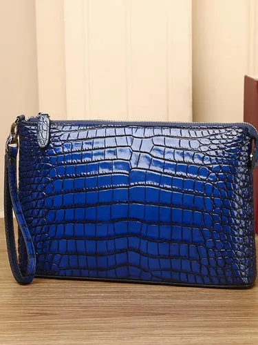 Imagen 2 del producto Bolso de mano de piel auténtica de cocodrilo para hombre de negocios, bolso de mano con cremallera para fiesta y banquete, bolso tipo sobre de cuero auténtico con múltiples capas