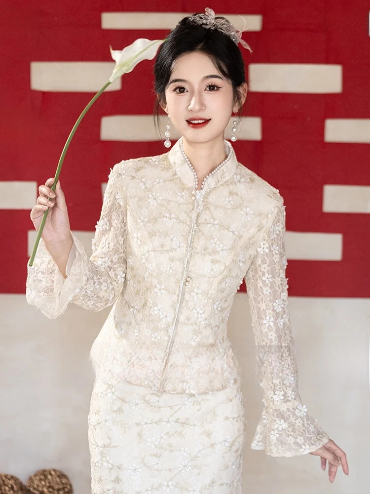 

Белое кружевное женское платье-ципао средней длины с длинными рукавами в ретро-стиле для помолвки и регистрации брака