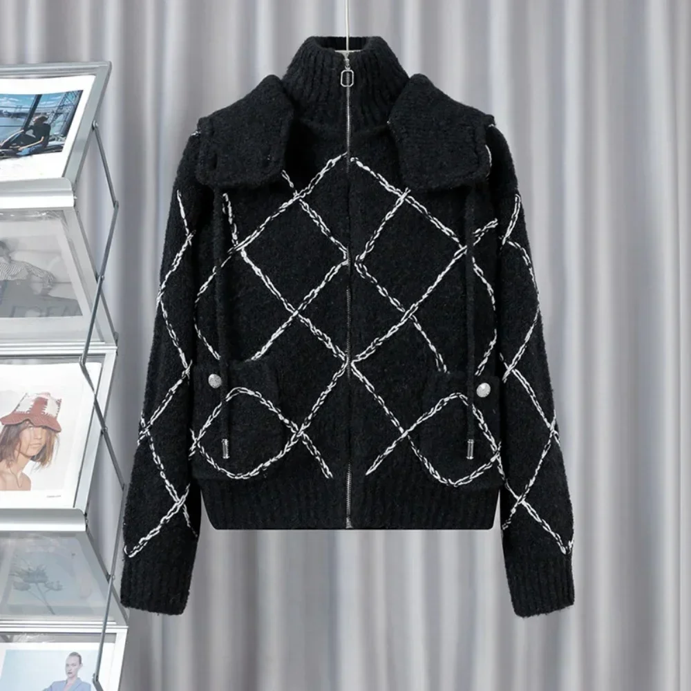 2024 Autumn/Winter New Women's Small Fragrant Wind High Quality Wool Diamond Grid Color Block Detachable Hooded Knitted Cardigan