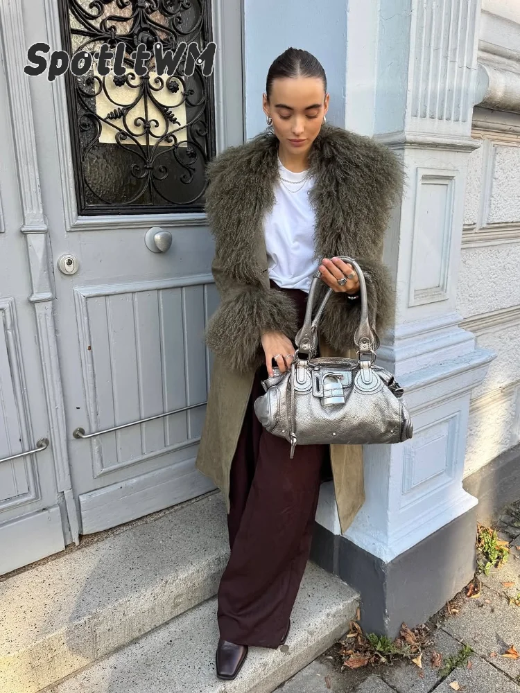 Women's Faux Suede Long Trench Coat Fluffy Furry Trim Collar Cuffs Double‑breasted Belted Coat 2026 Winter Warm Lady Clothing