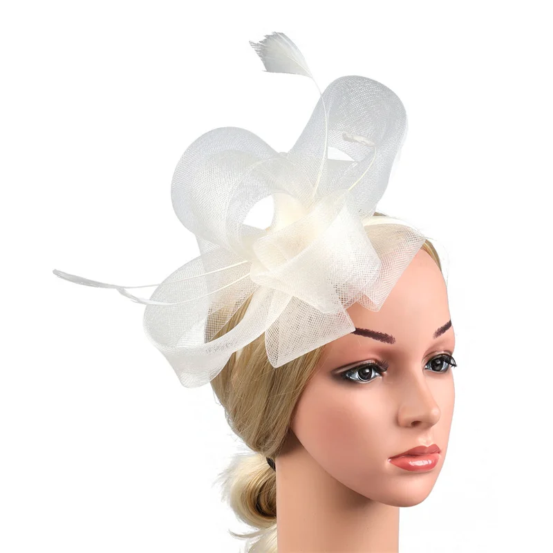 Neuer Braut-Fascinator-Schleifenhut mit Stirnband und Clips, Jockey-Zylinder mit Federn, Hochzeit, Cocktail, Teeparty, Kopfbedeckung für Frauen – Detail 7