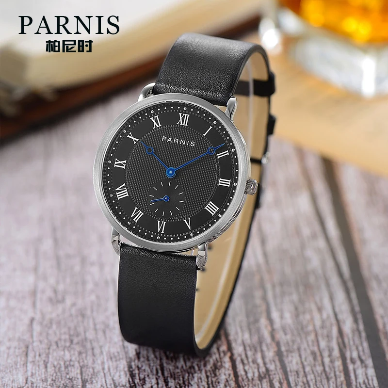 2025 Новые повседневные часы Parnis 40 мм с черным циферблатом, кварцевые мужские часы с синими стрелками, 20 мм, кожаный ремешок, часы для мужчин, reloj hombre, мужские часы, подарок