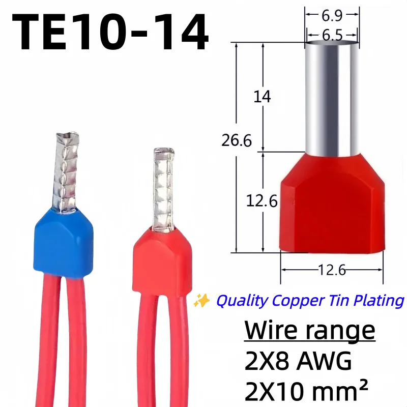 

100PCS TE10-14 Double Pipe 0.5~6.0² Cold Pressed End Double Wire Tube Shaped Insulated Tubular Terminal