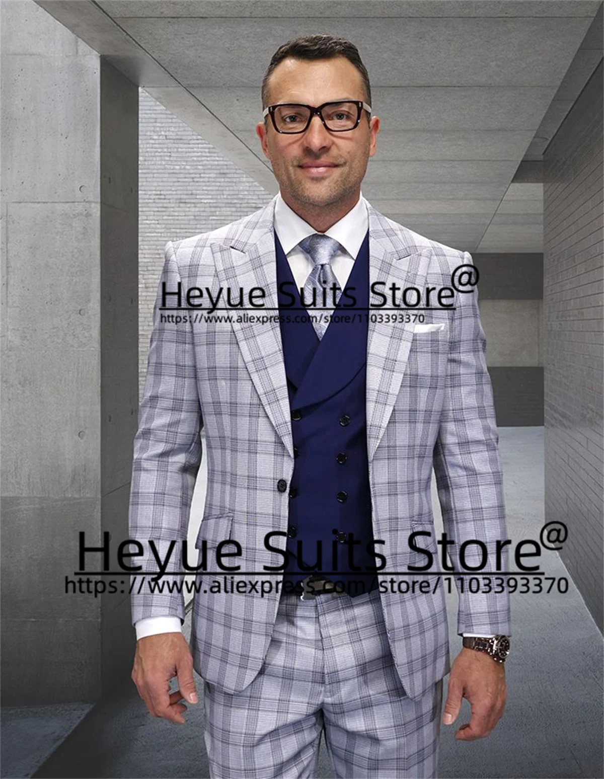 2024New Office Work Plaid Men Suits Slim Fit Peak Lapel Groom Party Tuxedos 3Pieces Sets High Qublity Male Blazers Costume Homme