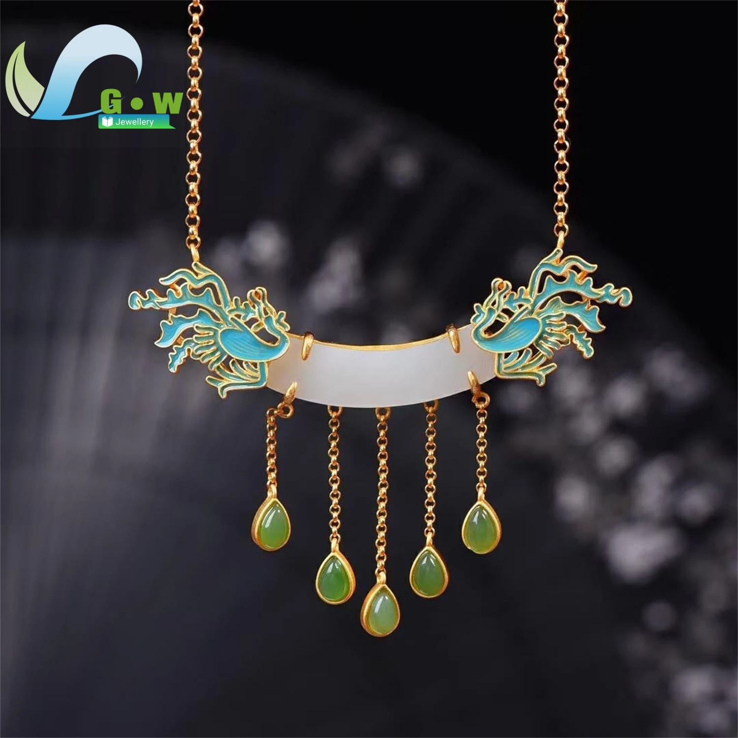 

Высококачественное чистое серебро, позолоченное белое нефритовое эмаль, кисточка Феникса, изогнутая ключица, ожерелье, кулон для женщин, изысканные ювелирные изделия