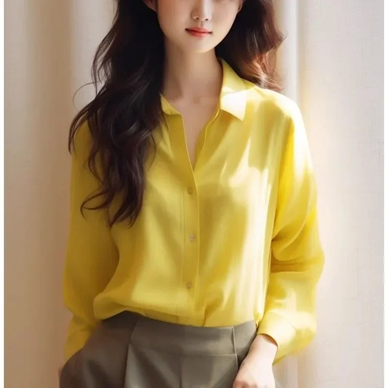 Acetate Satin Surface Yellow Spring Women Fashion Unique Solid Color Lapel Collar Casual Office Office Lady All-match Shirt