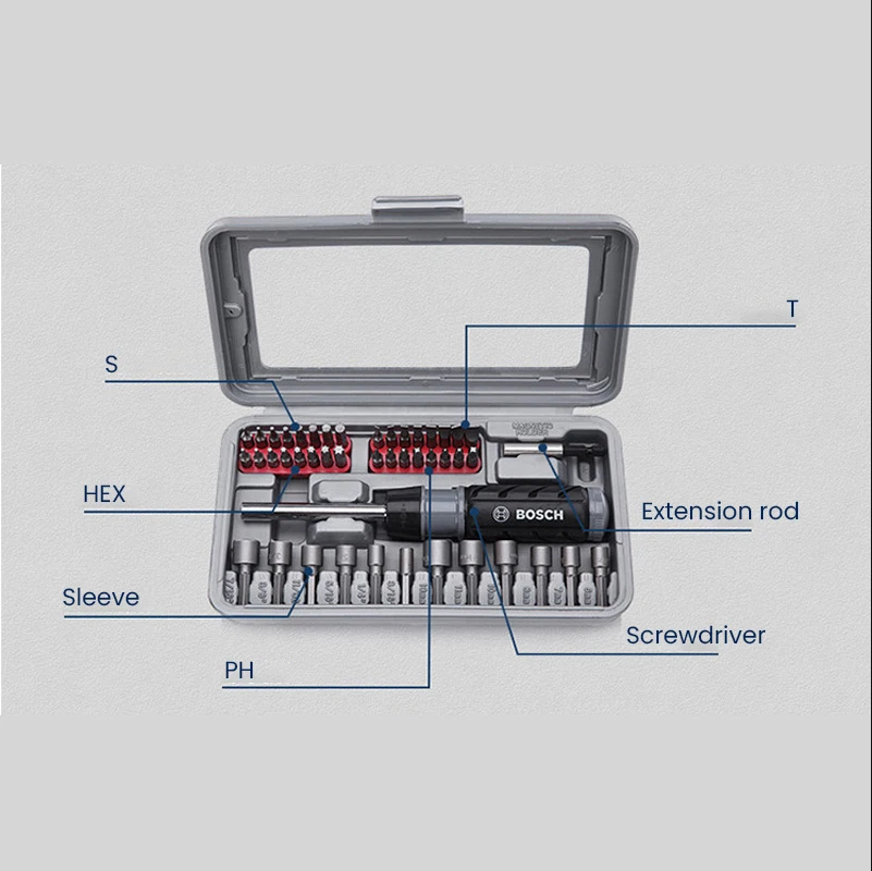 Imagem -03 - Bosch-catraca Profissional Multifuncional de Forjamento de Aço Cromado Vanádio Soquete Hexagonal Chave de Fenda Conjunto de Ferramentas Combinadas 46 Peças