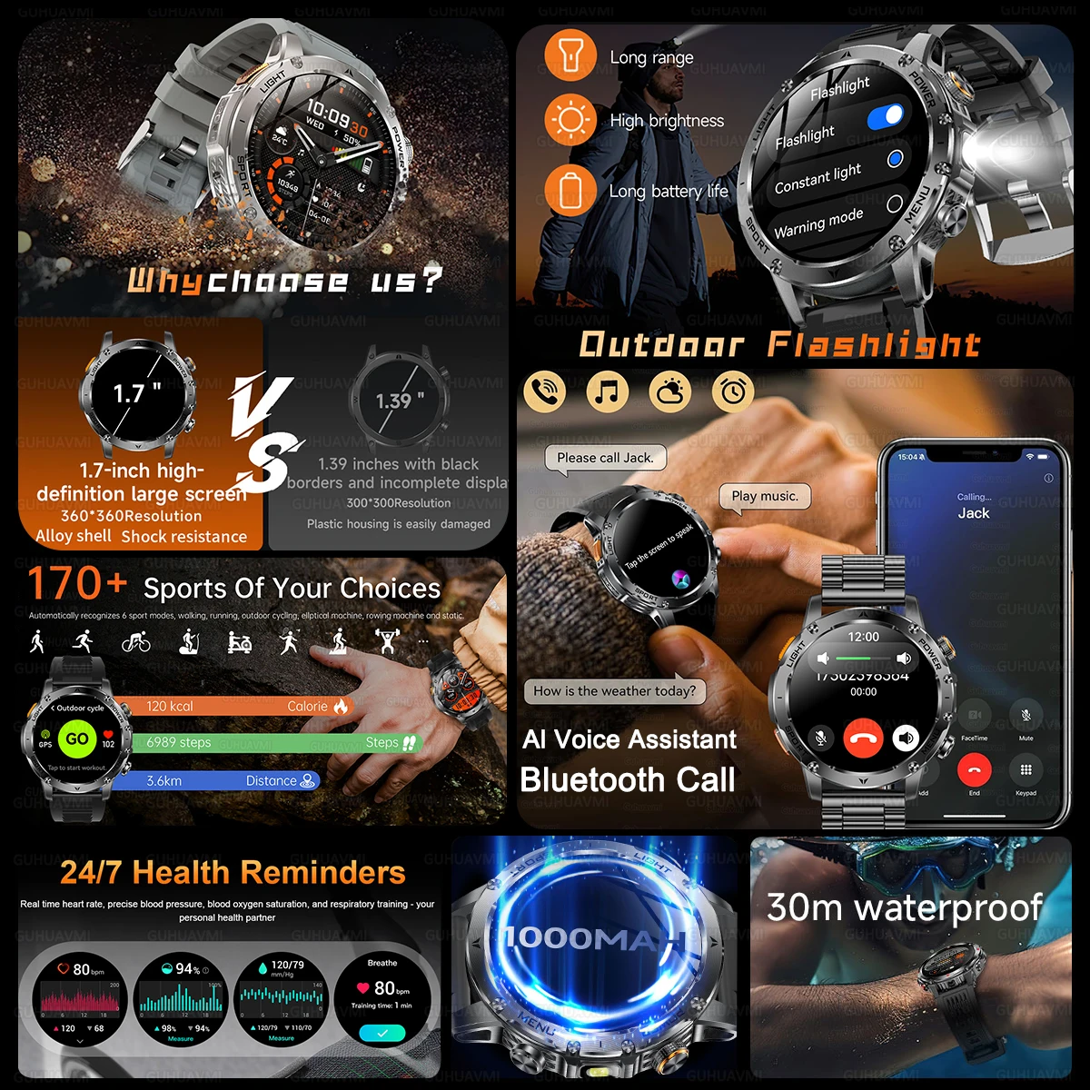 1000mAh Super Capacity Battery Adult Men Smart Watch HD 1.7-inch Large Screen Call 10ATM Waterproof Flashlight Sports Bracelet