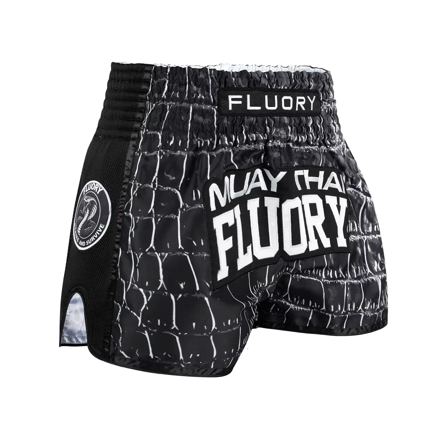 FLUORY Men's And Women's Boxing Shorts, Mesh Splicing Printed Crocodile Embroidered Combat, MMA Gym Muay Thai Shorts