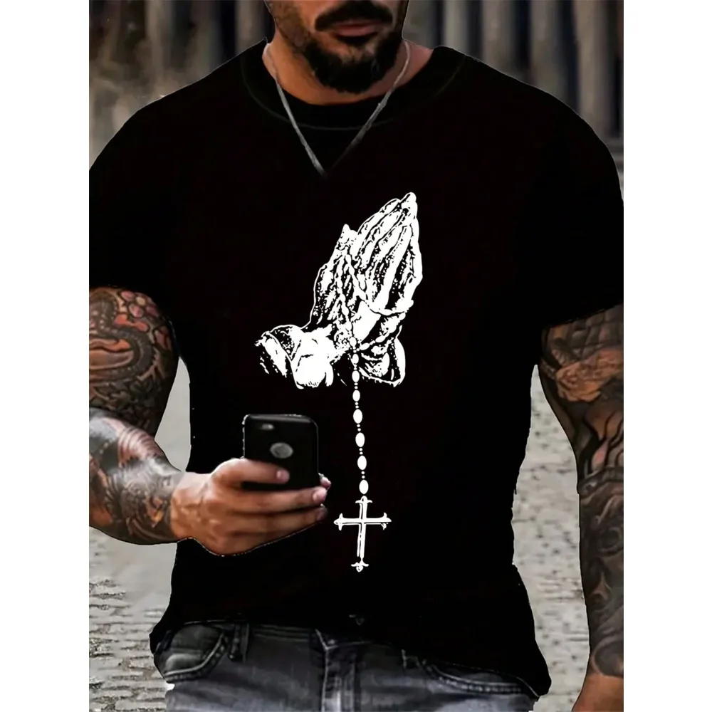 

Men's Short Sleeve 3D T-Shirt With Prayer Hand Gesture And Cross Print