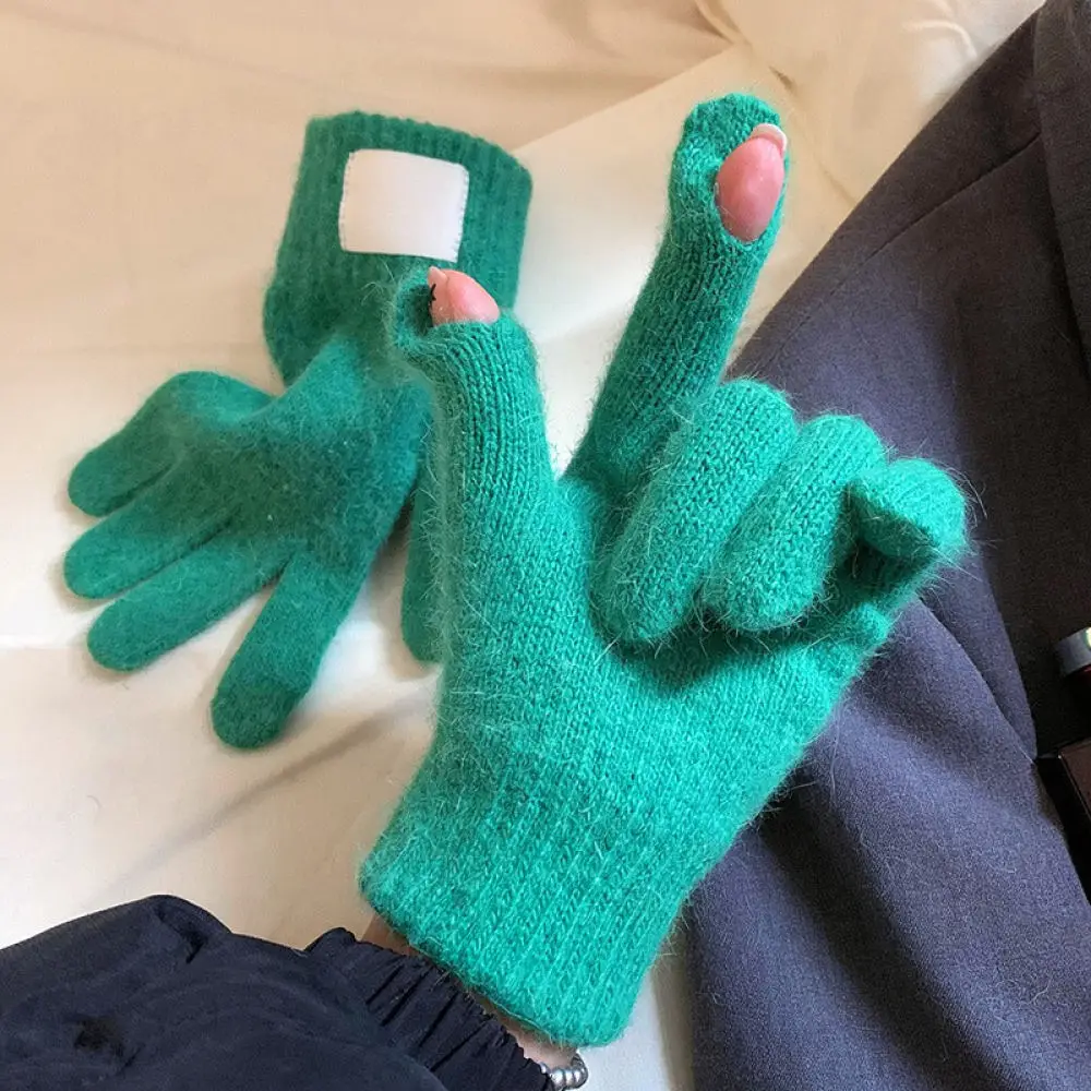 Winter Warm Gloves Women Thickened Knitted Mittens Touch Screen Fingerless Soft Blend Casual Student Outdoor Wear