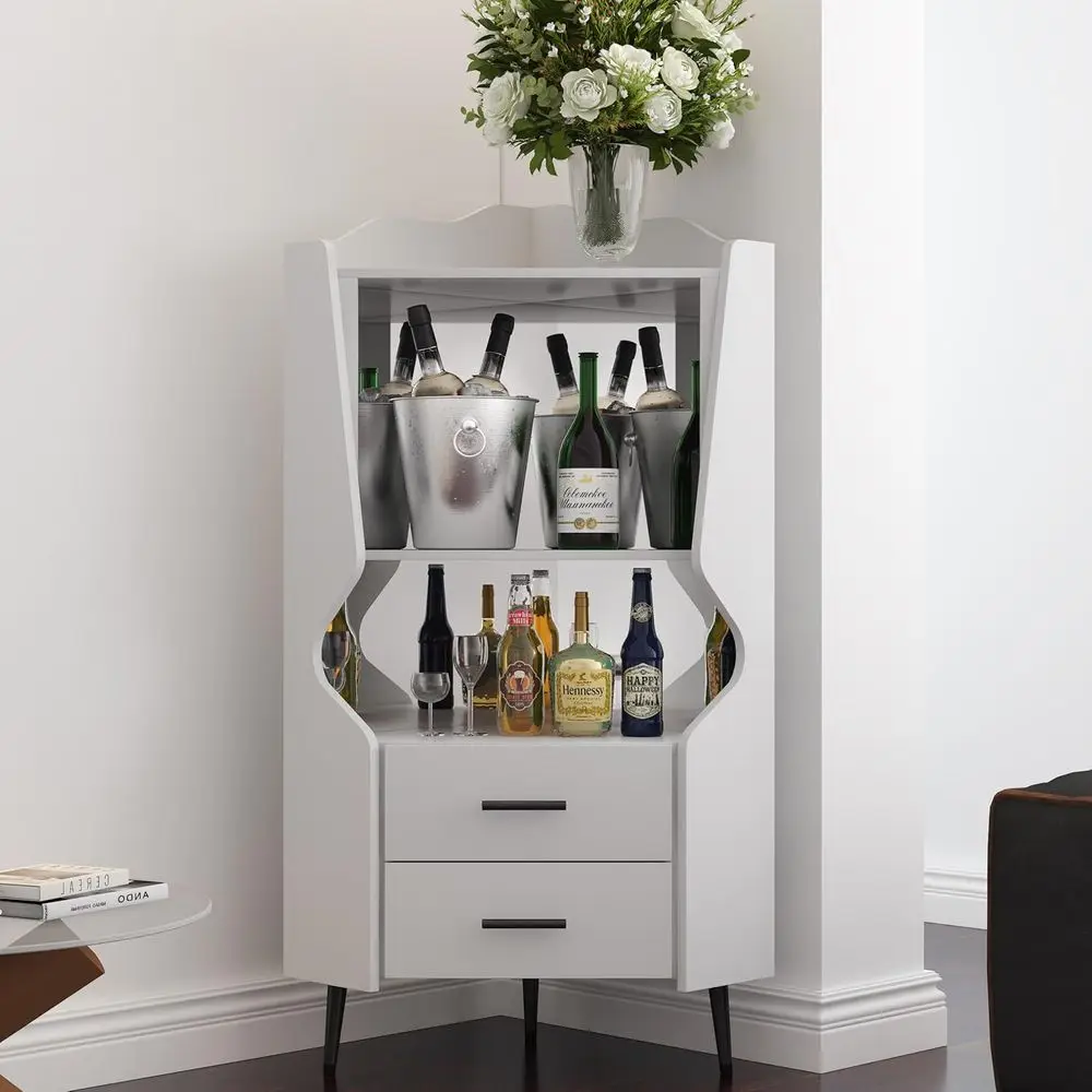 

Elegant White Bar Cabinet with Drawers, Open Shelves, and Mirrored Back for Living & Dining Spaces