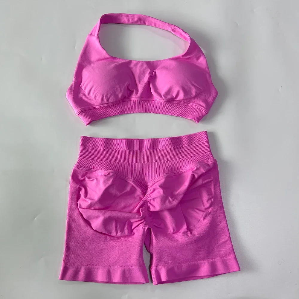2-teiliges Set Damen Nahtloses Yoga-Set Workout-Sets Halter-Sport-BH Scrunch-Shorts Fitnessanzug Sportbekleidung – Detail 17
