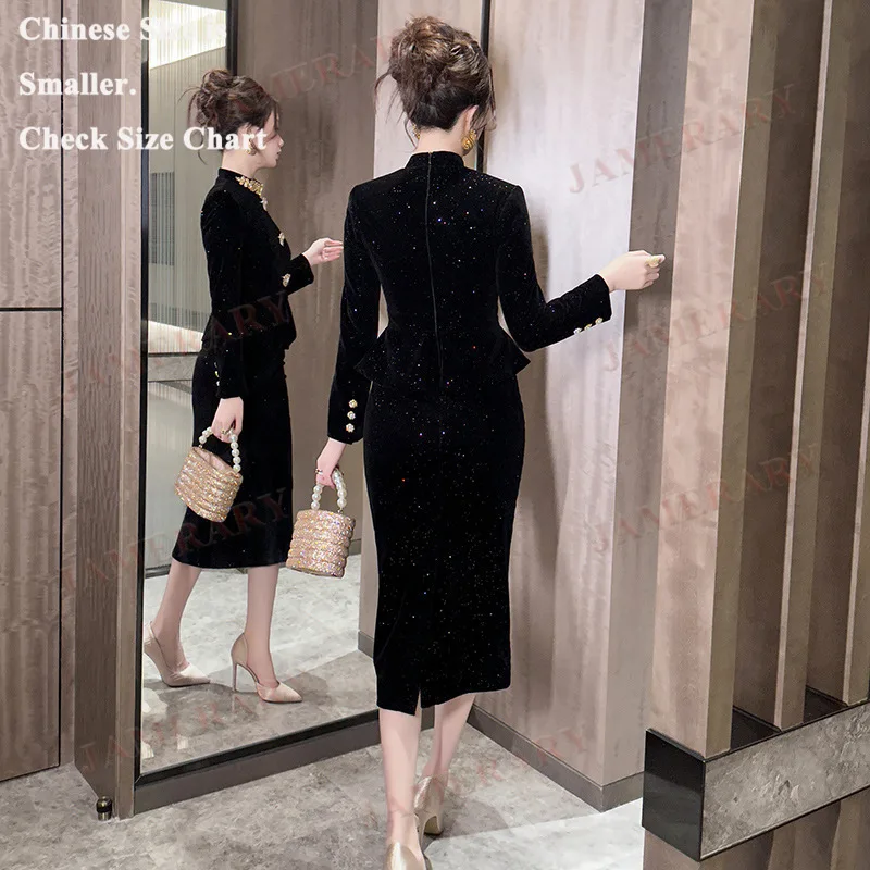 Retro Autumn Velvet Dresses Women Hepburn Style Beading Vintage Long Sheath Dress Office Lady Brand Runway Winter Clothing