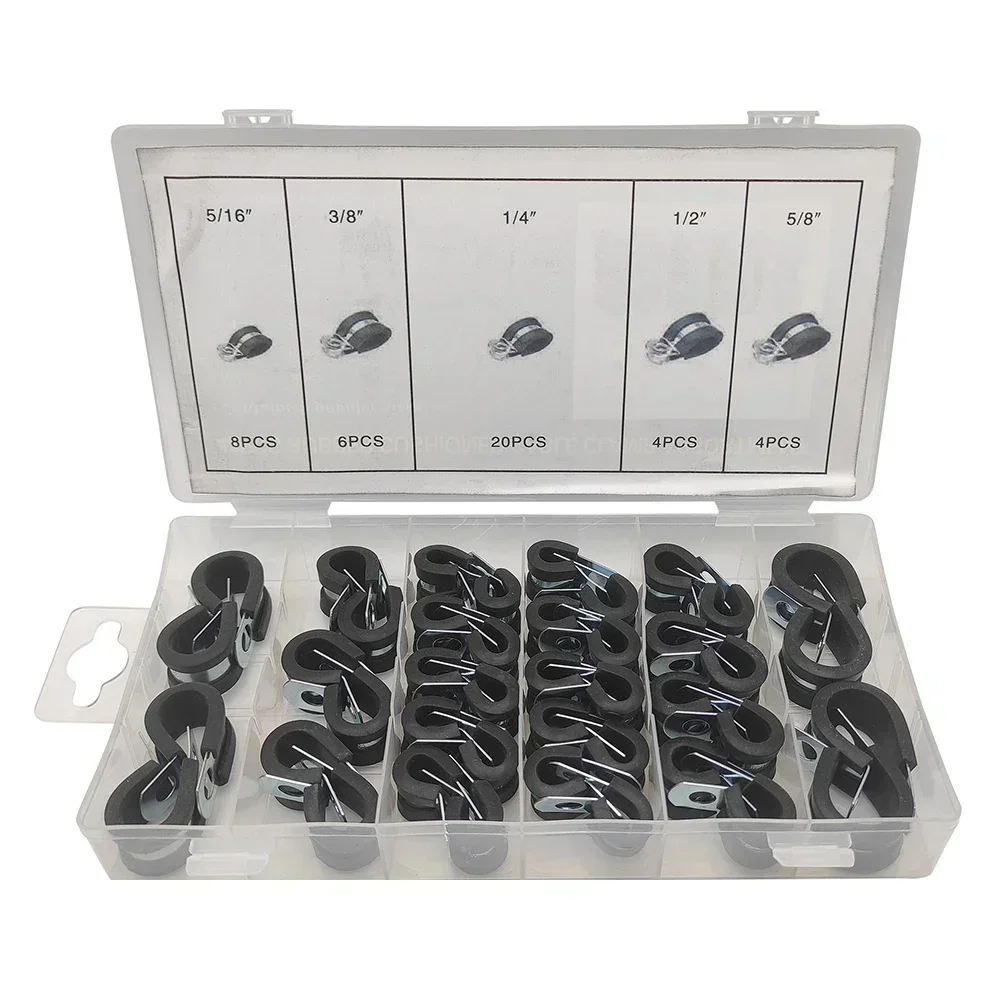 42pcs Stainless Steel Rubber P Clip Cable Clamp Assortment Set Cable Mounting Hose Pipe Clamp R Type Fixing For Wire Cable Pipe