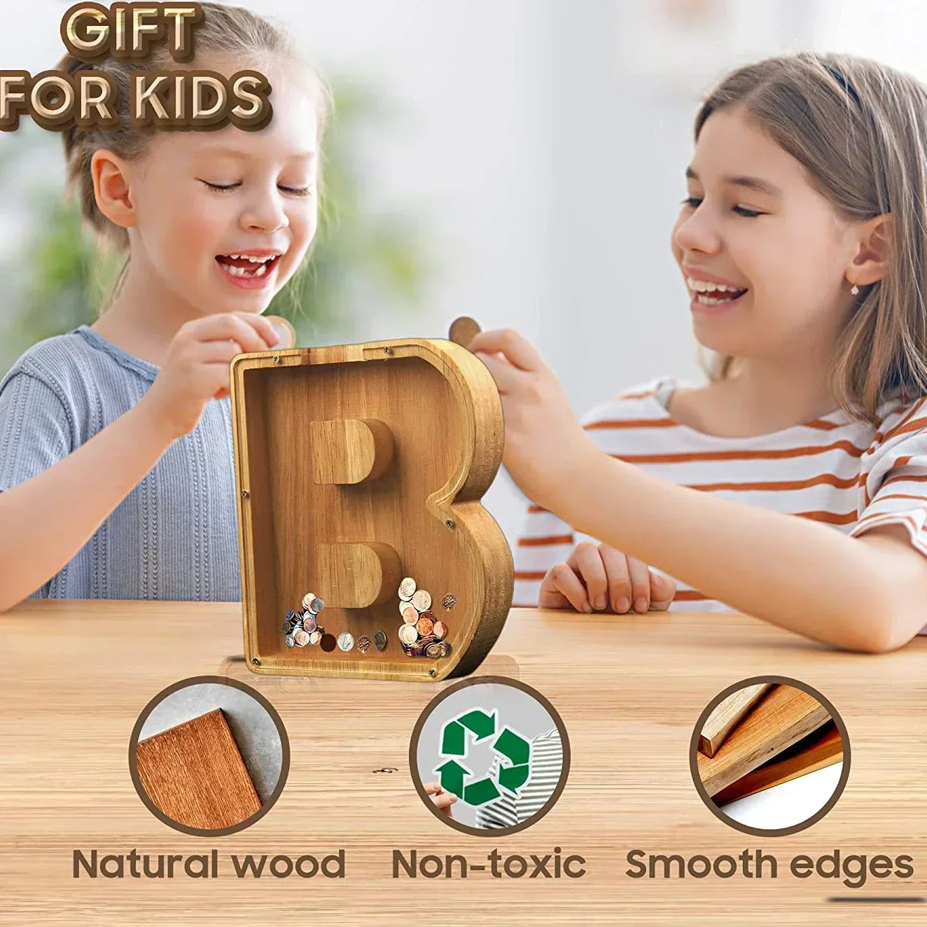 Afbeelding 5: Houten munt spaarpot zesentwintig brief spaarpot woondecoratie munt opbergdoos desktop decoratie ambachten Verjaardagscadeau