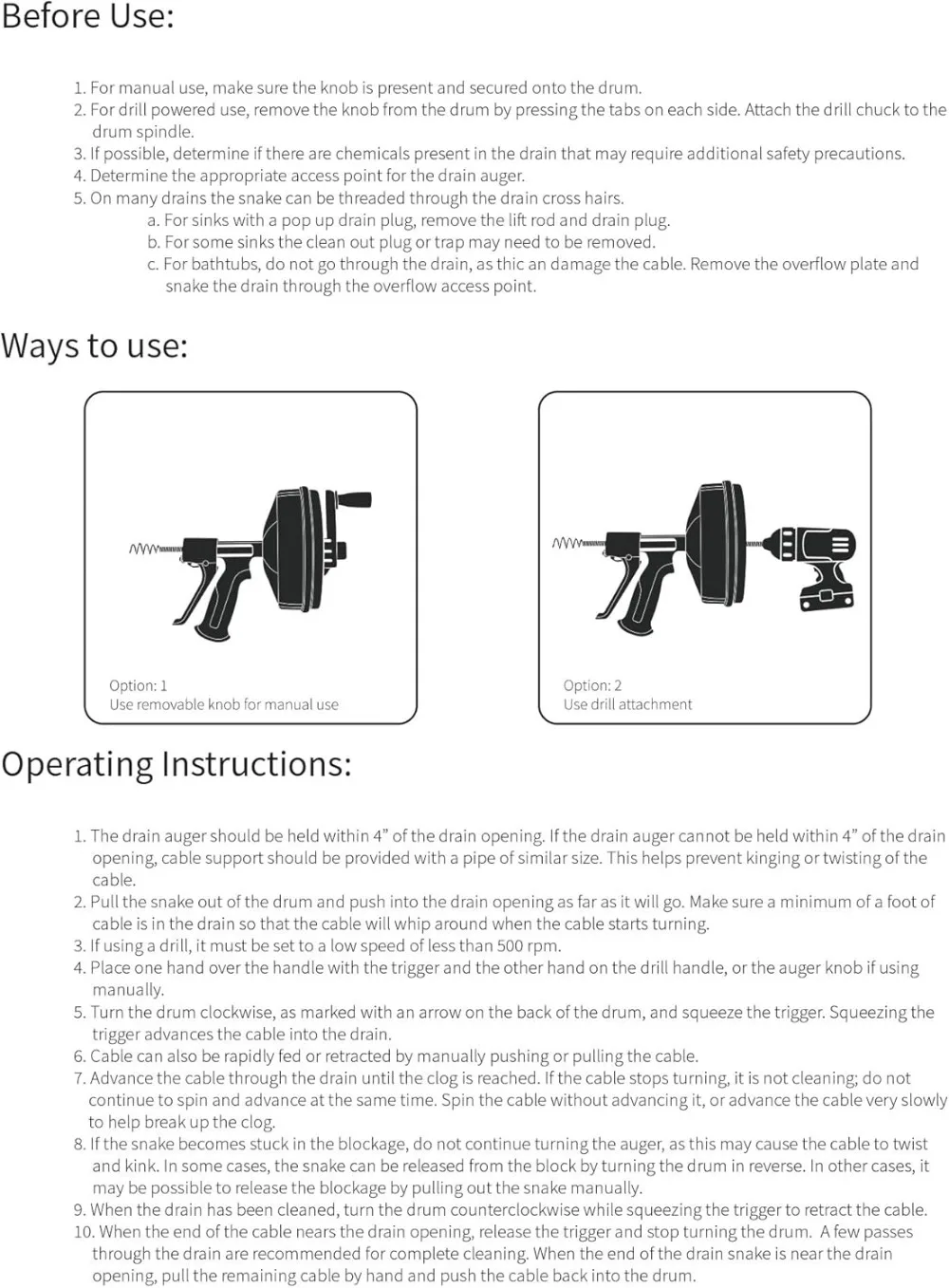 Tambor Auger com Saco De Armazenamento Incluído, Usado Manualmente ou Broca Alimentado, Auto Estender e Retração, Encanamento Snake, Luvas de Trabalho, 50 Pé