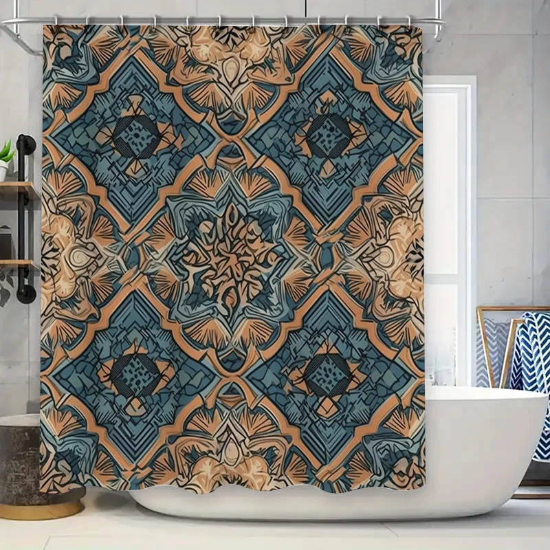 

Decorative Blue Gold Bathtub Shower Curtain Floral Pattern Home Decoration Waterproof Bath Mat Bathroom Linen Fabric for Modern