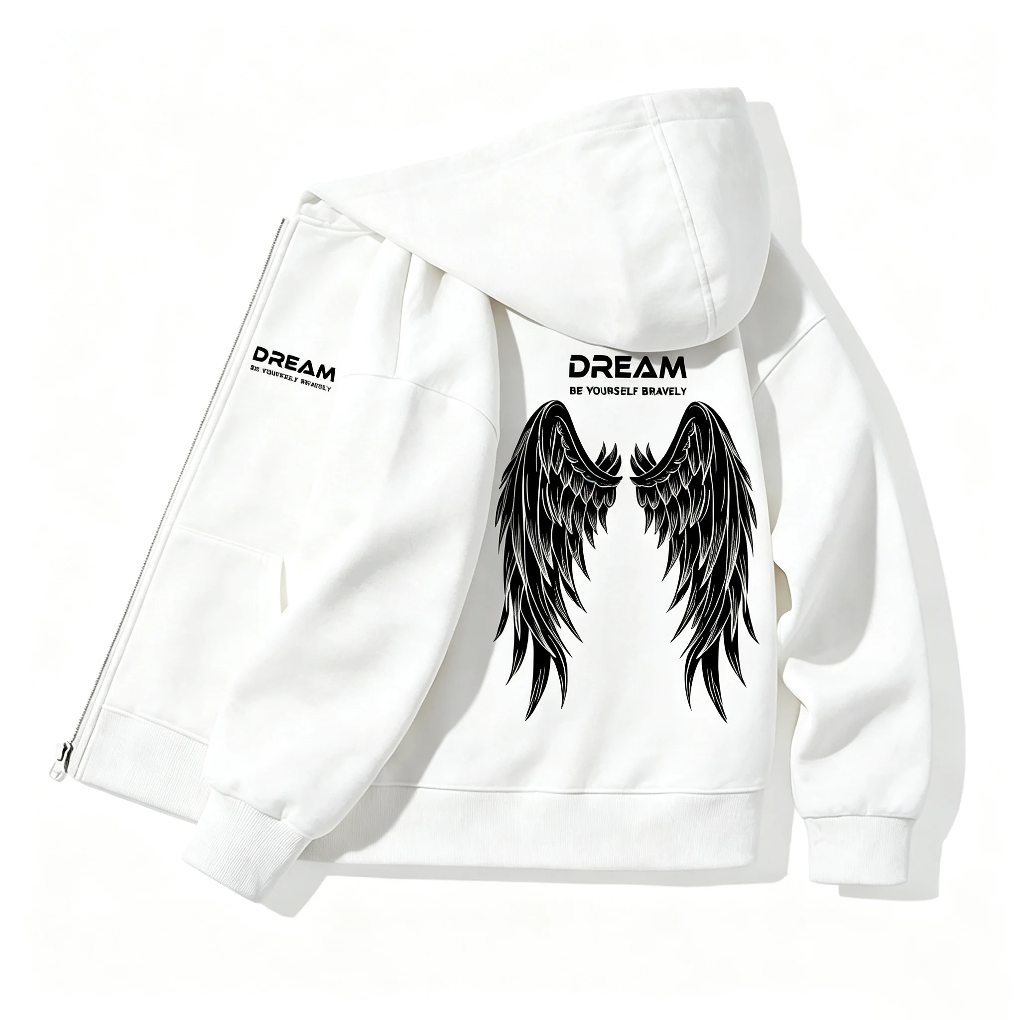 Children's street-style zip-up hooded sweatshirt with angel wings pattern. Boys' and girls' fall/winter everyday outerwear.