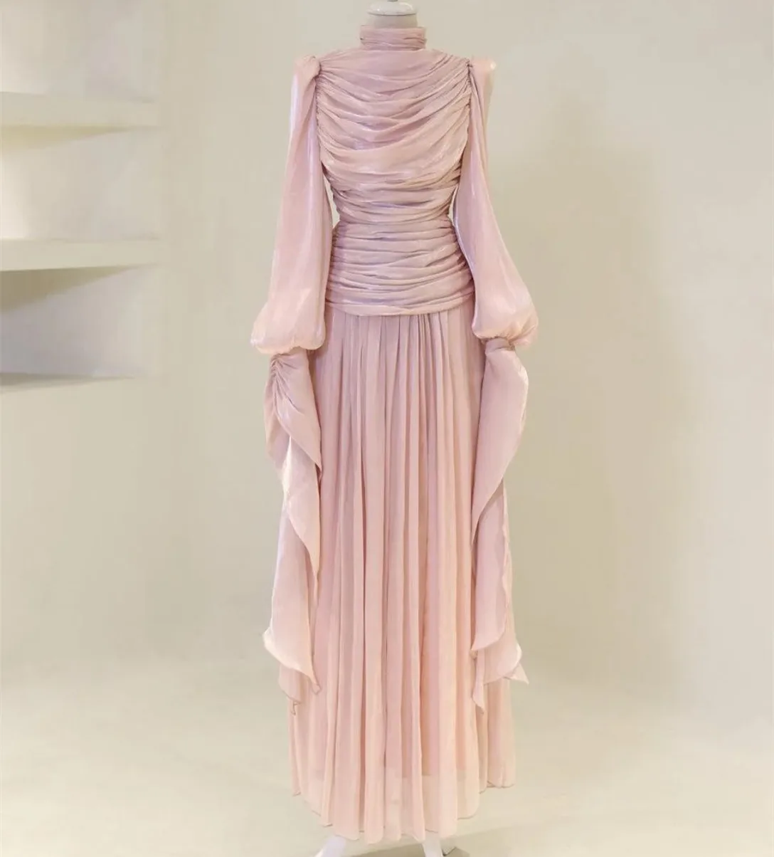 

Customized Long Sleeve Pink Evening Dresses A-Line High Neck Chiffon Pleated حزب اللباس Floor Length Prom Dresses for Women
