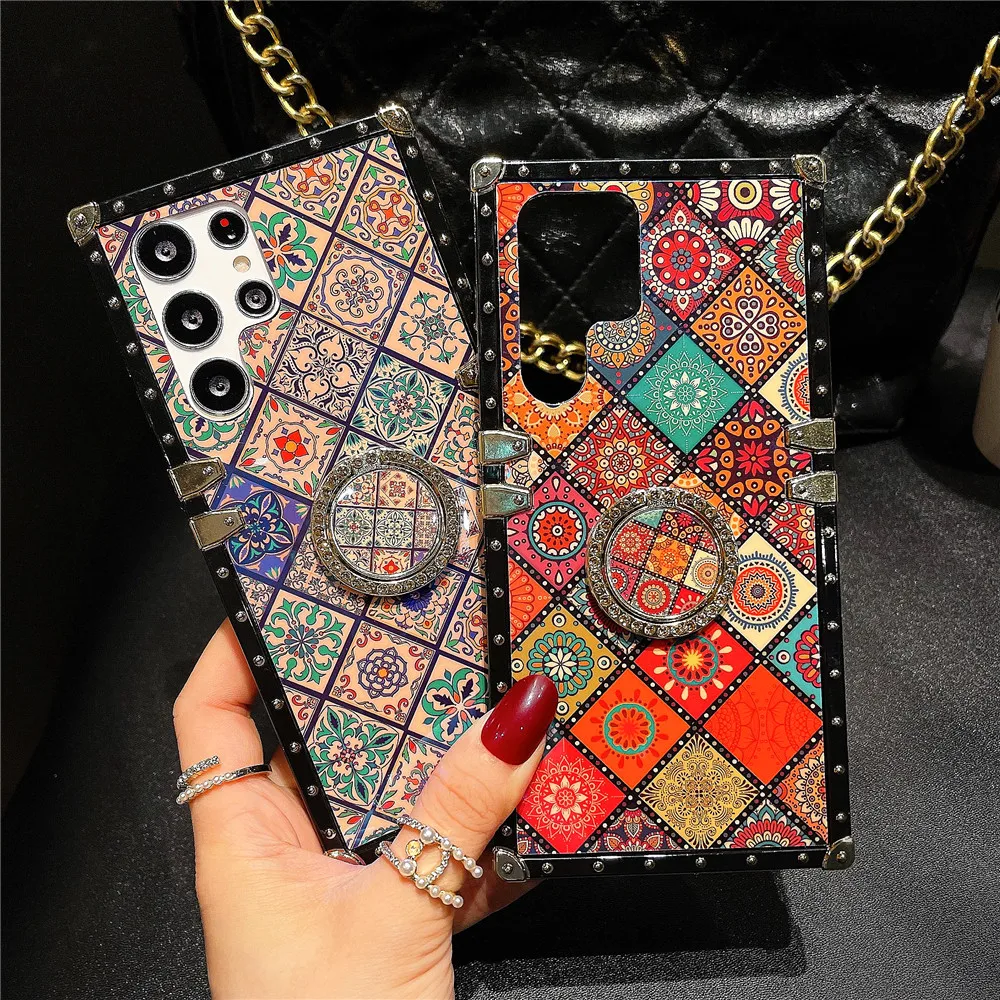 Fashion Retro Flower Pattern Plaid Cover For Samsung Galaxy 22 Plus Geometric Phone Case For Samsung Galaxy S22 Ultra