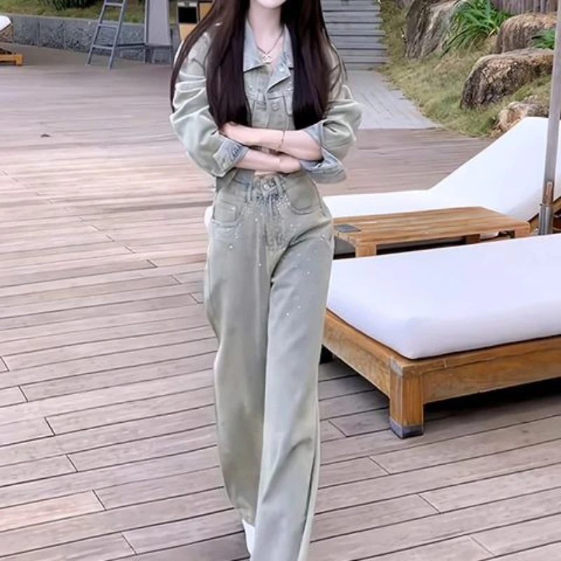 

Early autumn diamond studded design high-end denim suit for women new style lapel fashionable short jacket slimming pants