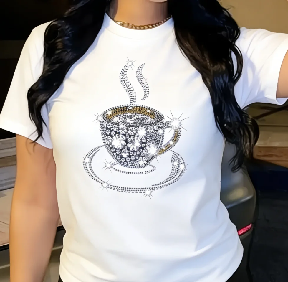 Women Rhinestone Coffee Cup T Shirt Glitter Coffee Lover Print Short Sleeve O Neck Casual Tops Black Streetwear Daily Wear