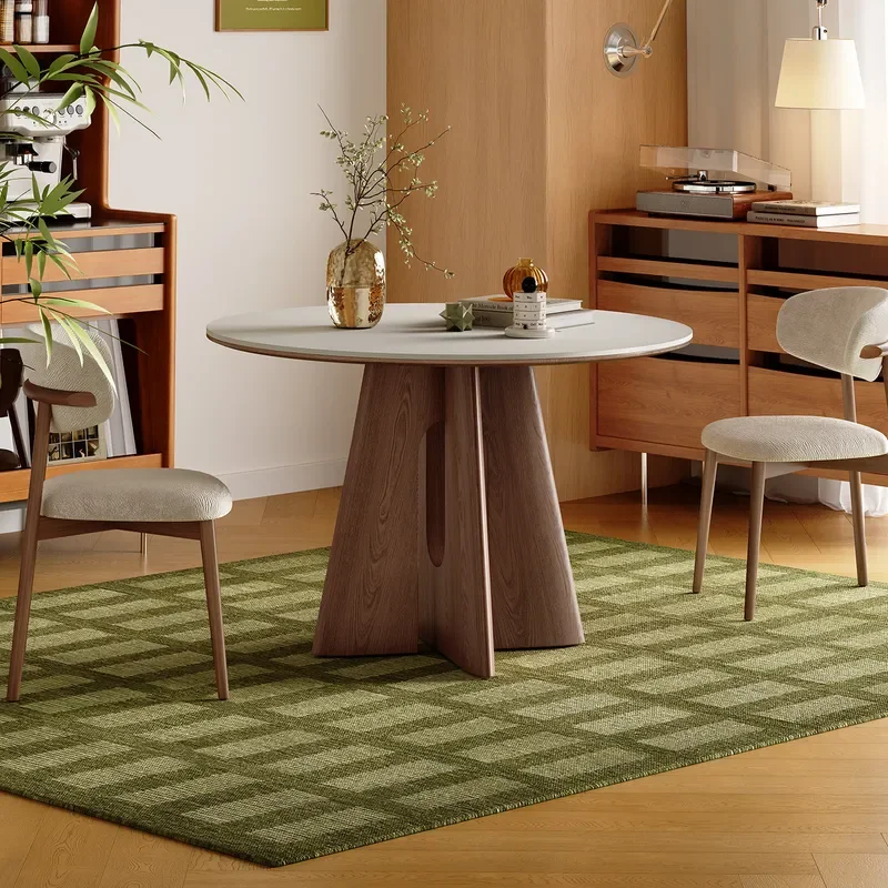 Round Dining Table White Matte Sintered Stone Top Walnut Solid Wood Base Modern Wabi Sabi Style Small Apartment Furniture