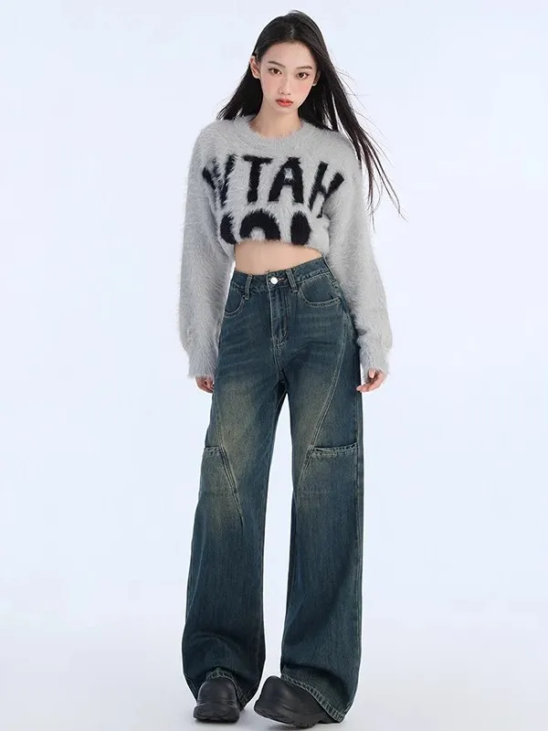 

American Retro High Street Workwear Jeans Women's Loose Slim High Waist Drapey Straight Leg Wide Leg Pants Spring Summer