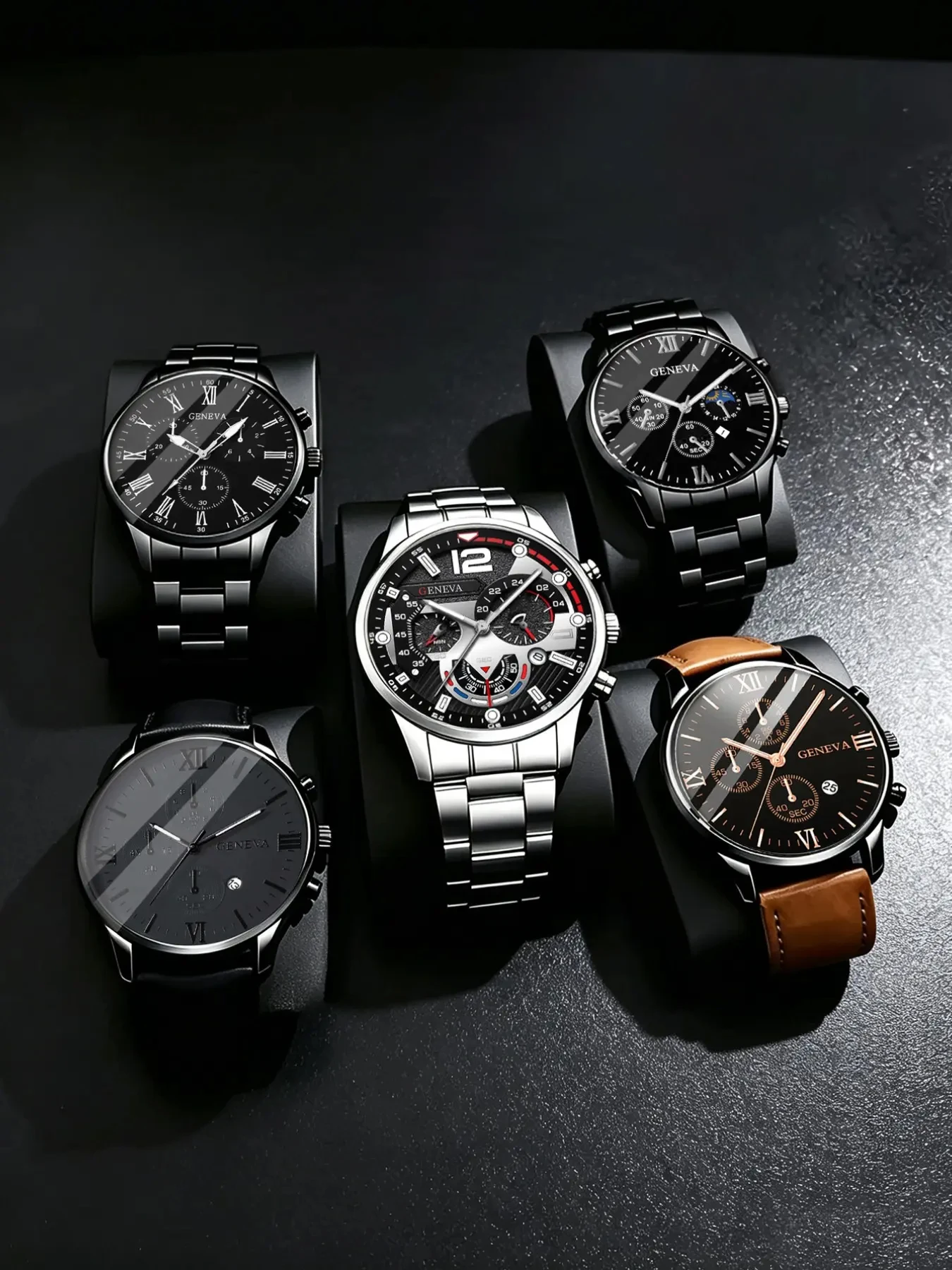 5Pcs Geneva Men Quartz Watch Set, 5 Styles Weekly Rotation Wear Fake Chronograph Roman Dial Steel Leather Band Male Wristwatch