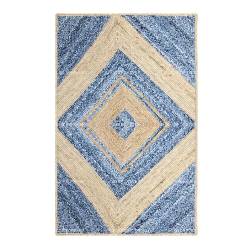 Handmade Cotton Jute Rug Blue Kitchen Kilim Living Room Carpet Garden Yoga Mats