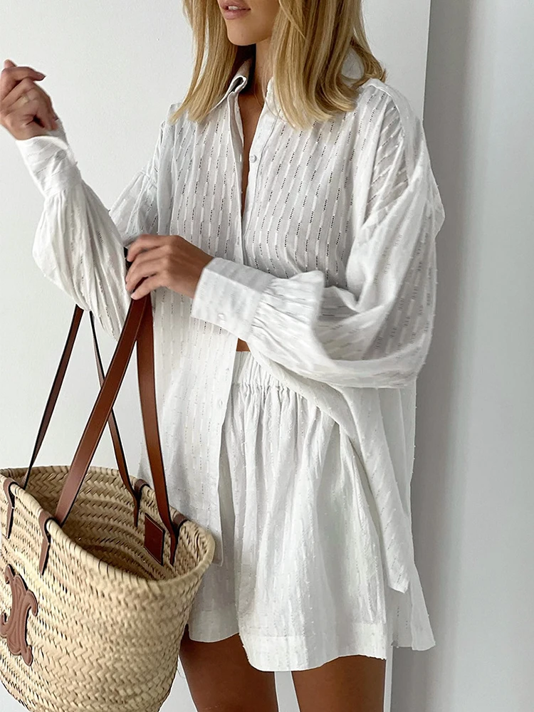 2022 Women Spring Summer Solid White 2 Two Piece Set Loose Fit Outfits Bohemian Blouse Suit Shorts Sets For Women