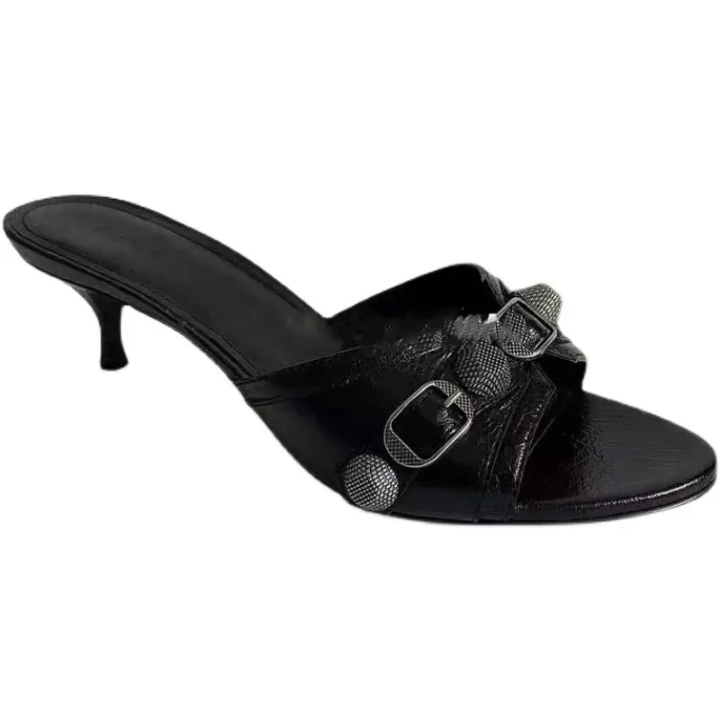 New High-heeled Slippers for Women 2024 One-word Stylish Commuter Studded Slippers for Women with Black Heels  Sandales