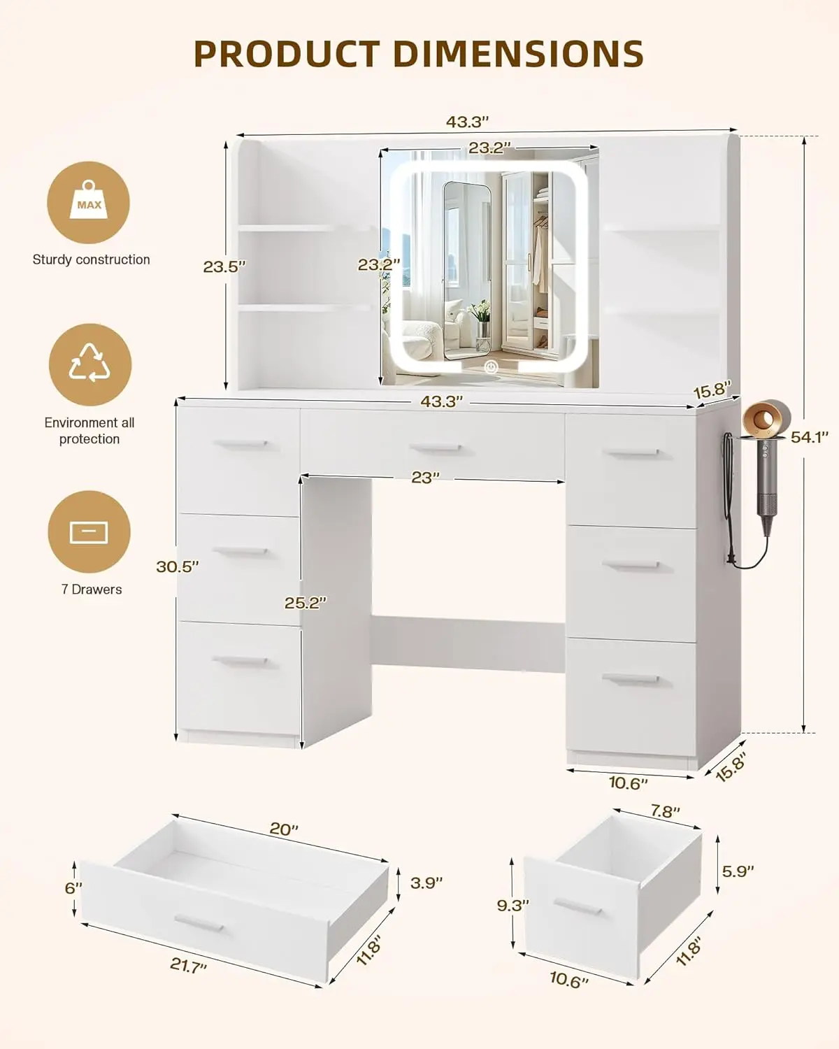مكتب زينة مكياج أبيض كبير، 43.3 بوصة عرض × 15.7 بوصة عمق × 53.2 بوصة ارتفاع، مرآة LED، 4 أرفف، 7 أدراج، رف مجفف شعر، مخرج طاقة #2