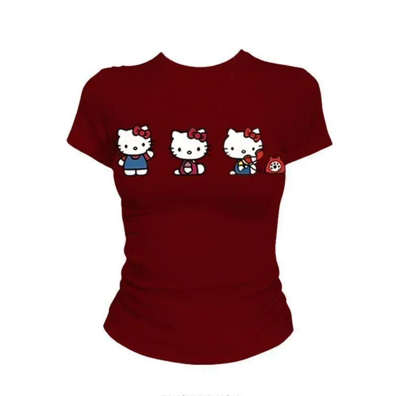 

Sanrio Hello Kitty women's T-shirt tops Short Sleeve Angora Red Students Summer Printed Texture New Style Trendy fashion
