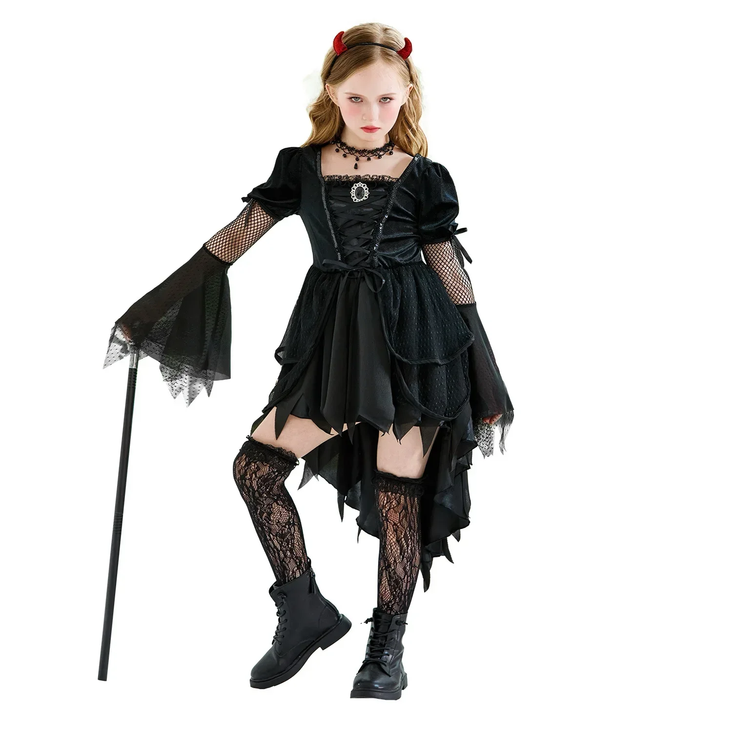 2026 Halloween Girls Devil Vampire Witch Costume Gothic Irregular Dress With Horn Headband Kids Stage Cosplay Fancy Party Outfit