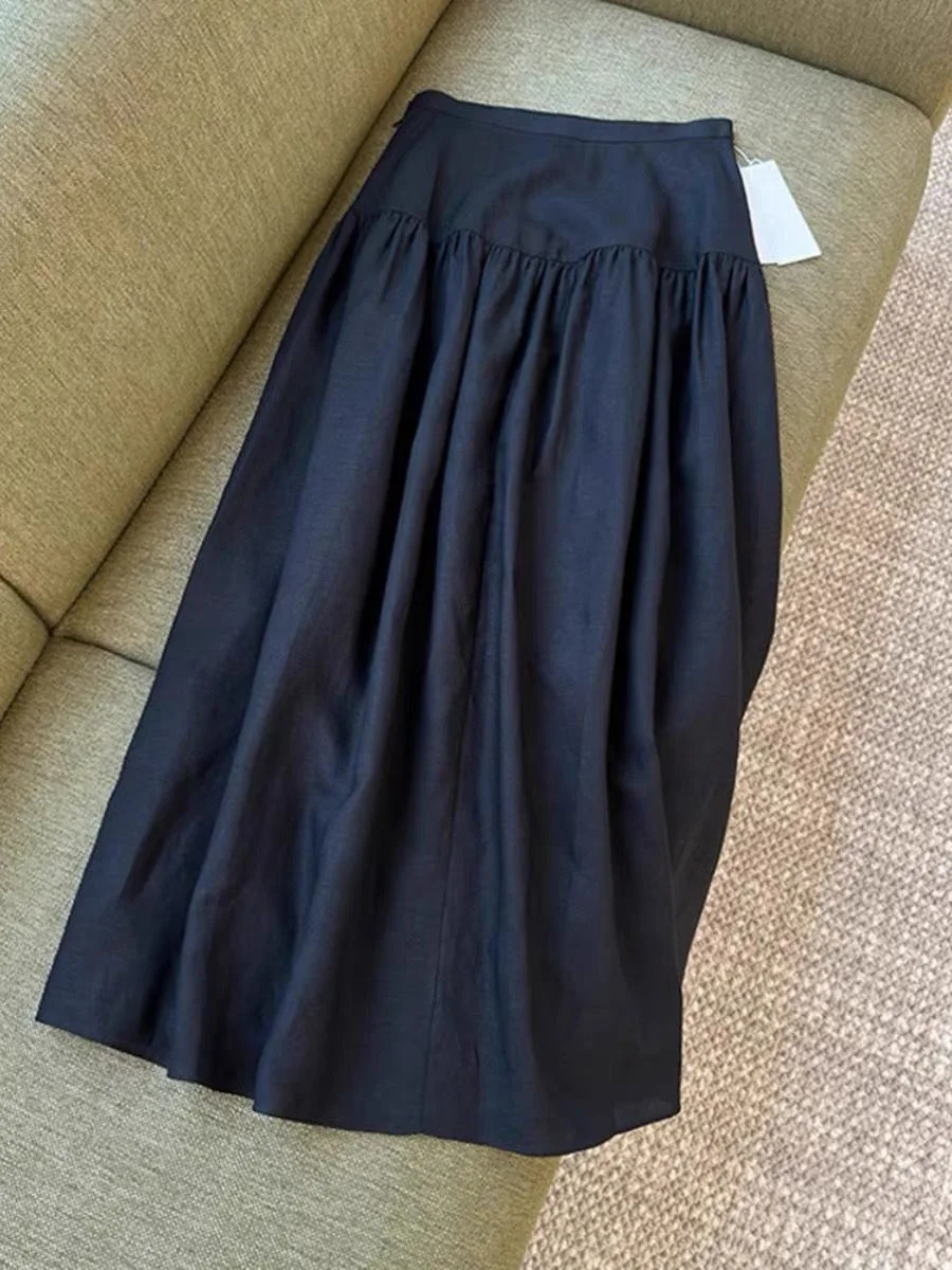 

Casual Minimalist Black Linen Midi Skirt Women Spring Elegant Pleated Patchwork A-line Skirt Chic High Quality Women's Clothing