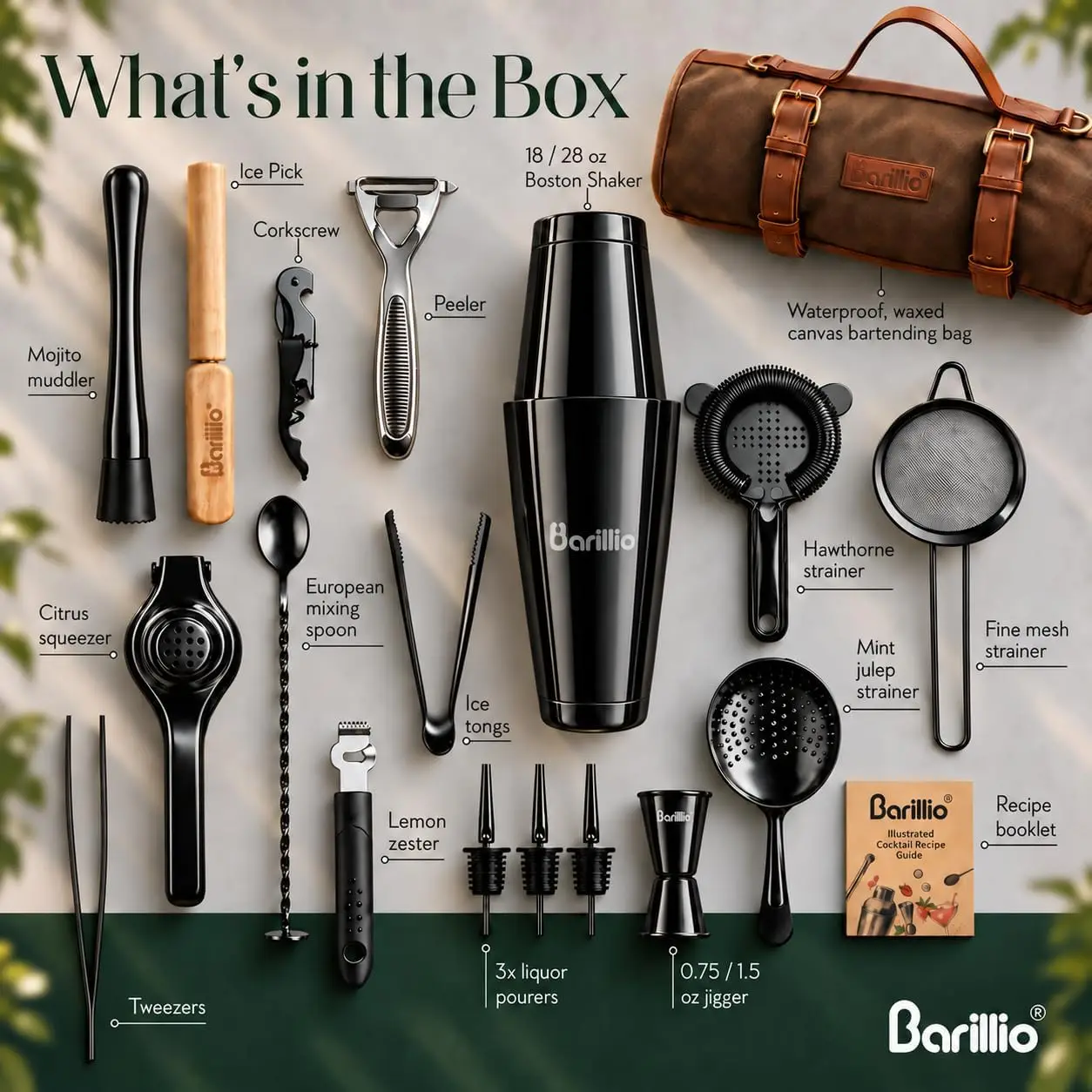 Bartender Kit Bag with Black Cocktail Shaker Set - Waxed Canvas, Traveling Bar Tools Bag with 17-Pc Cocktail Kit - Travel Mixolo