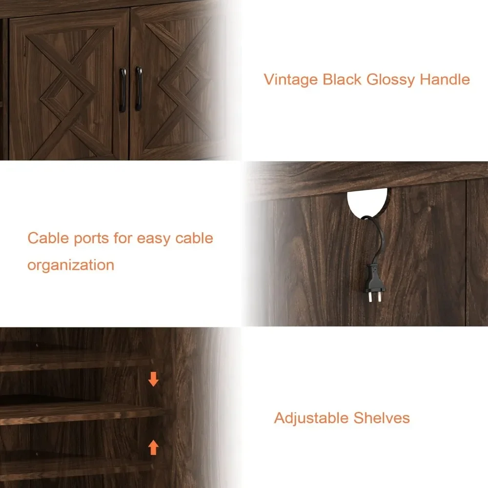 Suporte de TV para TV de 75 polegadas com armazenamento, suporte de TV de madeira de 65 polegadas de largura com dobradiças de porta de fechamento suave