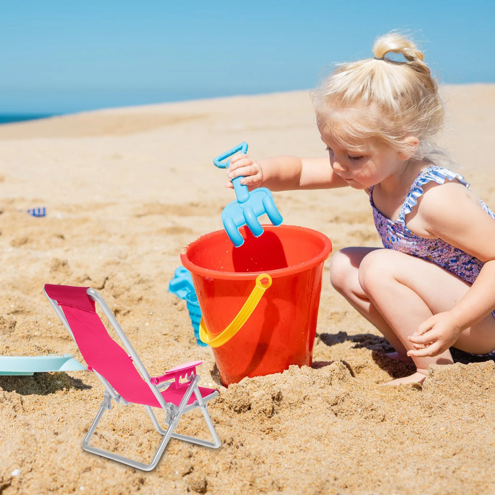 

Mini Simulation Folding Beach Chair Oxford Cloth Adjustable Decorative Home Garden Landscape Ornament Props 123cm