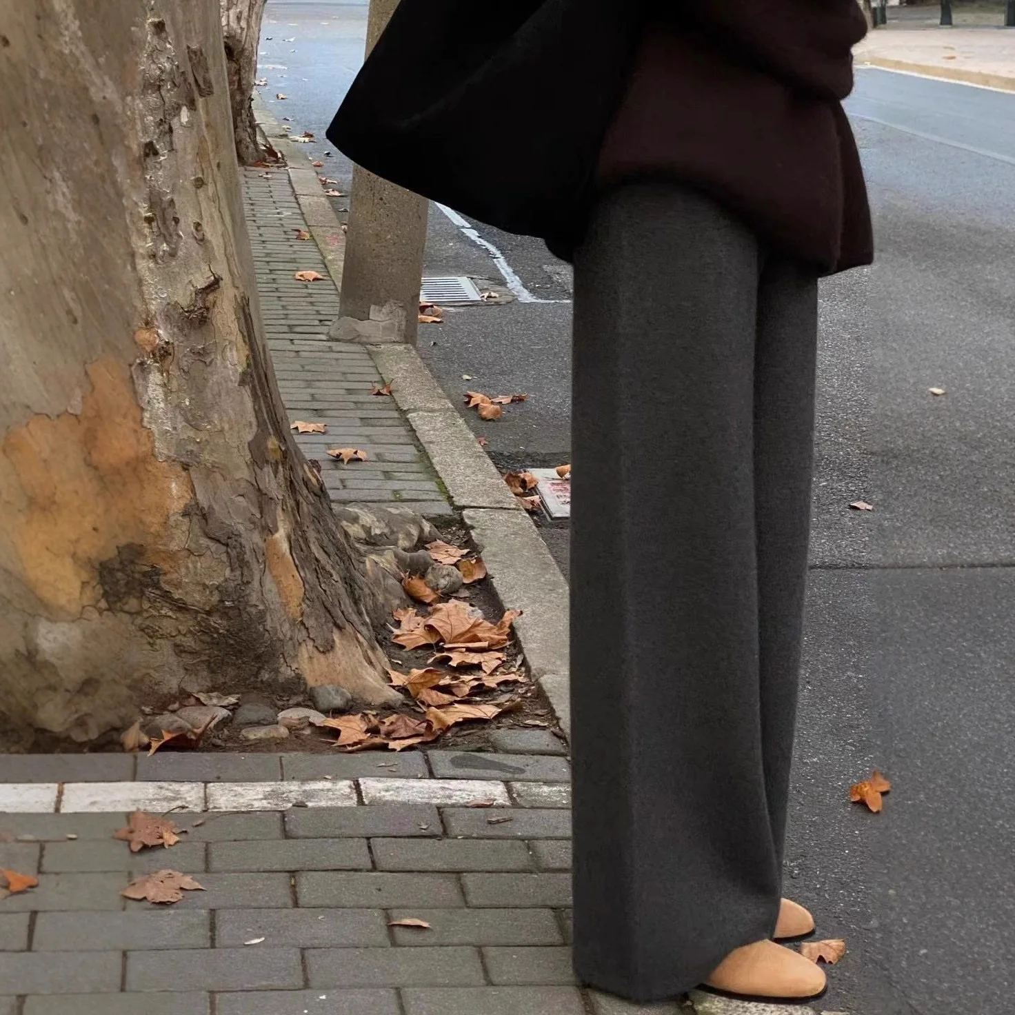 Autumn Winter Fashionable Knitted Thick Wide Leg Pants Straight Cut Floor Length Drapey Casual Pants for Pear Shaped Body