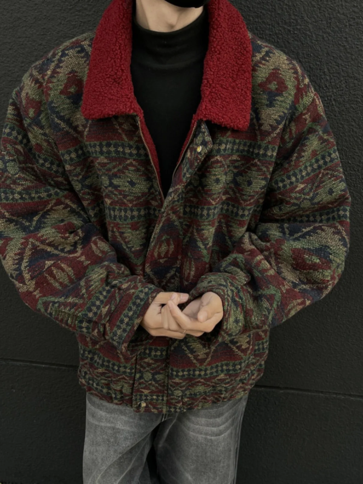 

Vintage Knitted Jaet Men's Winter Fce Lined Lamb Fur Coat Floral Patterned Loose Fit Long Sve Zipper Closure Warmth