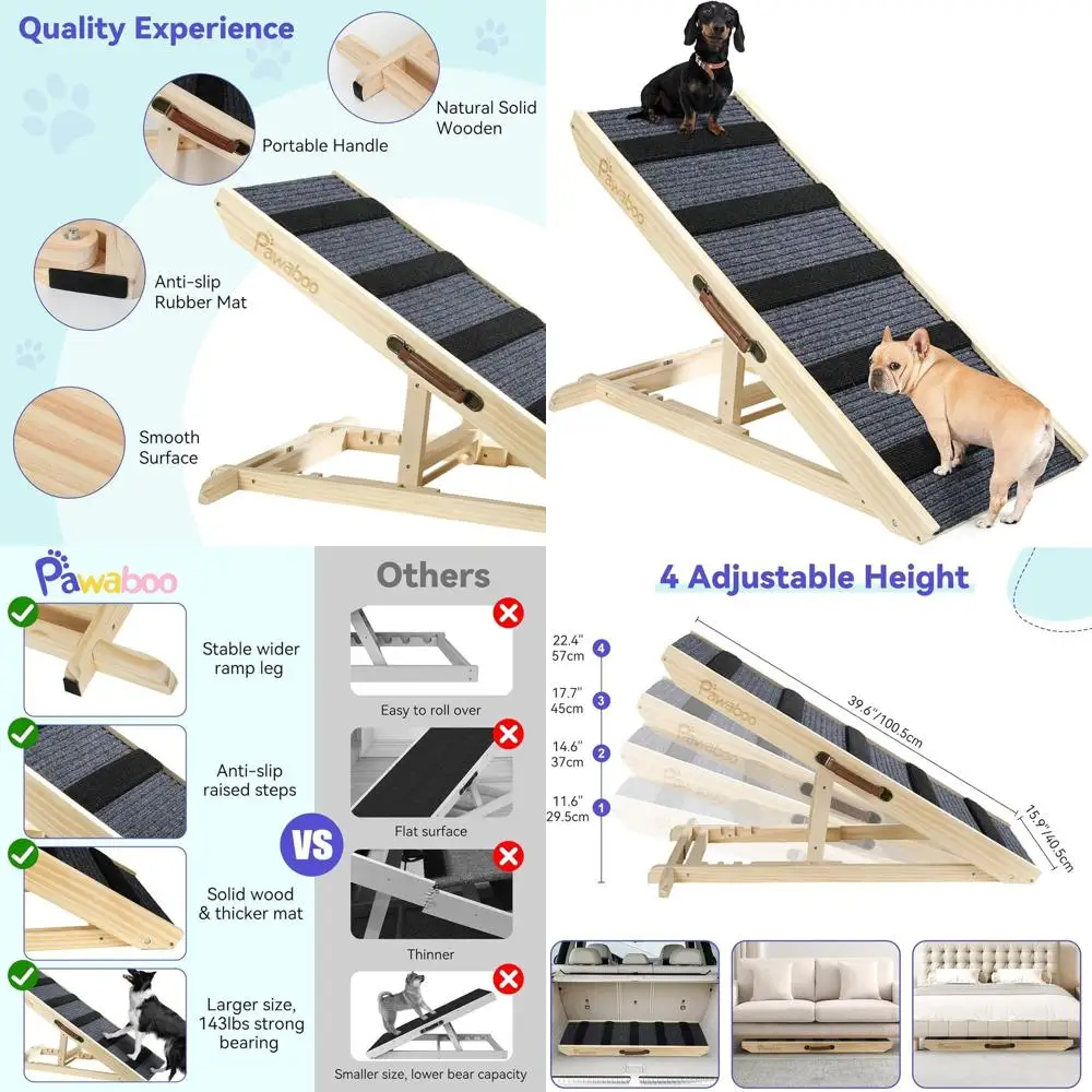 

Extra Wide Wooden Pet Ramp for Beds and Couches, Adjustable Height 11.6-22.4, Non-Slip Mat, Supports Up to 143lbs